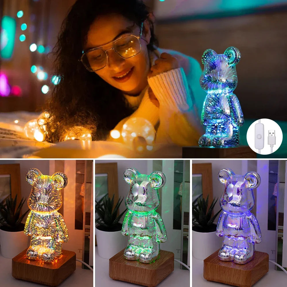 LED 3D Bear Fireworks Night Light USB Room Decoration Ambient Light Suitable for Children Room Bedroom Decoration Trendy Home
