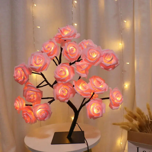 24 LED Rose Tree Lights USB Plug Table Lamp Fairy Flower Night Light For Home Party Christmas Wedding Bedroom Decoration Gift Trendy Home