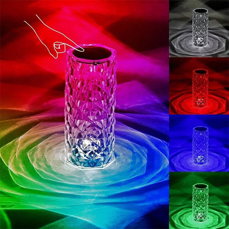16 Colors LED Rose Light Projector Crystal Table Lamp Home Bar Decoration Touch Recharging Romantic Diamond Atmosphere Light Trendy Home