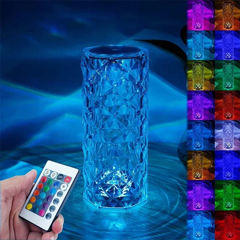 16 Colors LED Rose Light Projector Crystal Table Lamp Home Bar Decoration Touch Recharging Romantic Diamond Atmosphere Light Trendy Home